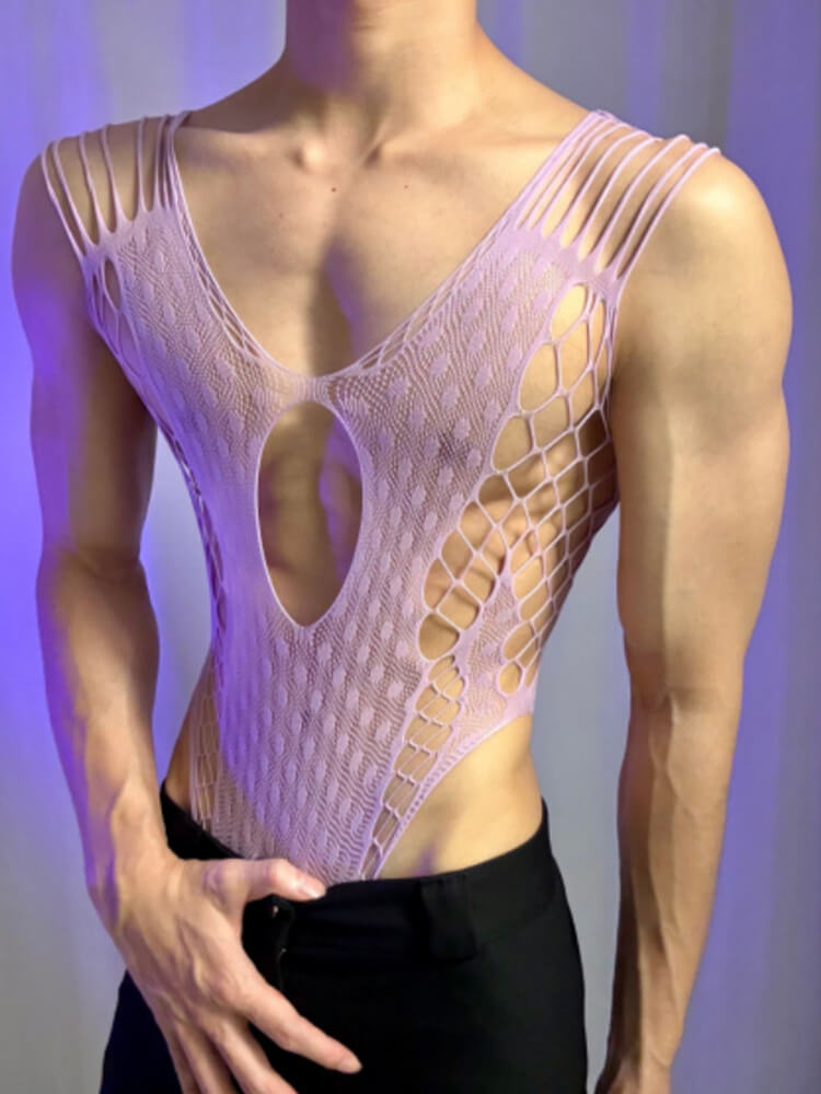 Men's Sexy Pink Sheer Cutout Fishnet Bodysuit