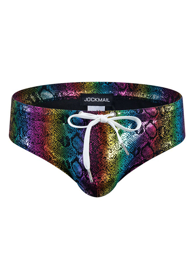 Jockmail Snake Print Rainbow Print Nylon Swim Briefs