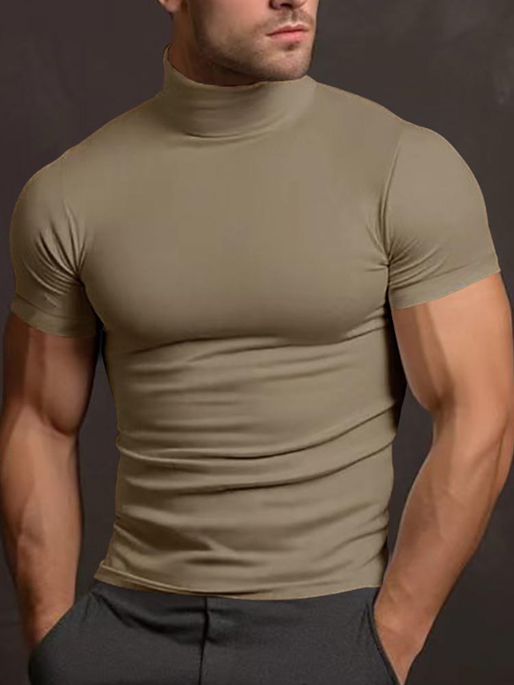 Men's Solid Color Short-sleeved High-neck T-shirt 