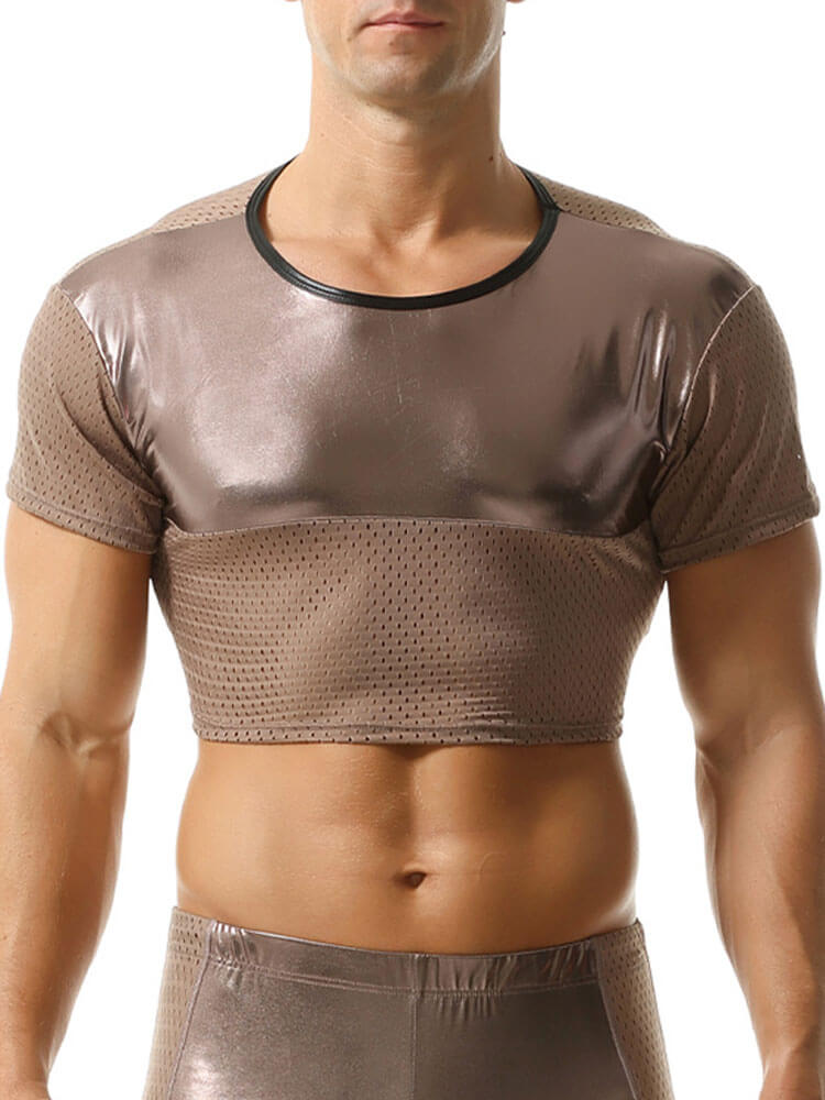 Men's Shiny Mesh Short Top And Boxer Briefs Set