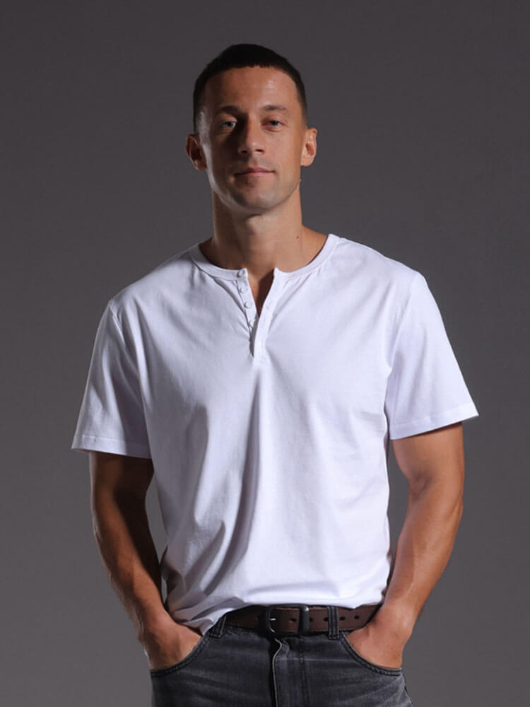 American-Style Loose Pure Cotton Henley T-Shirt