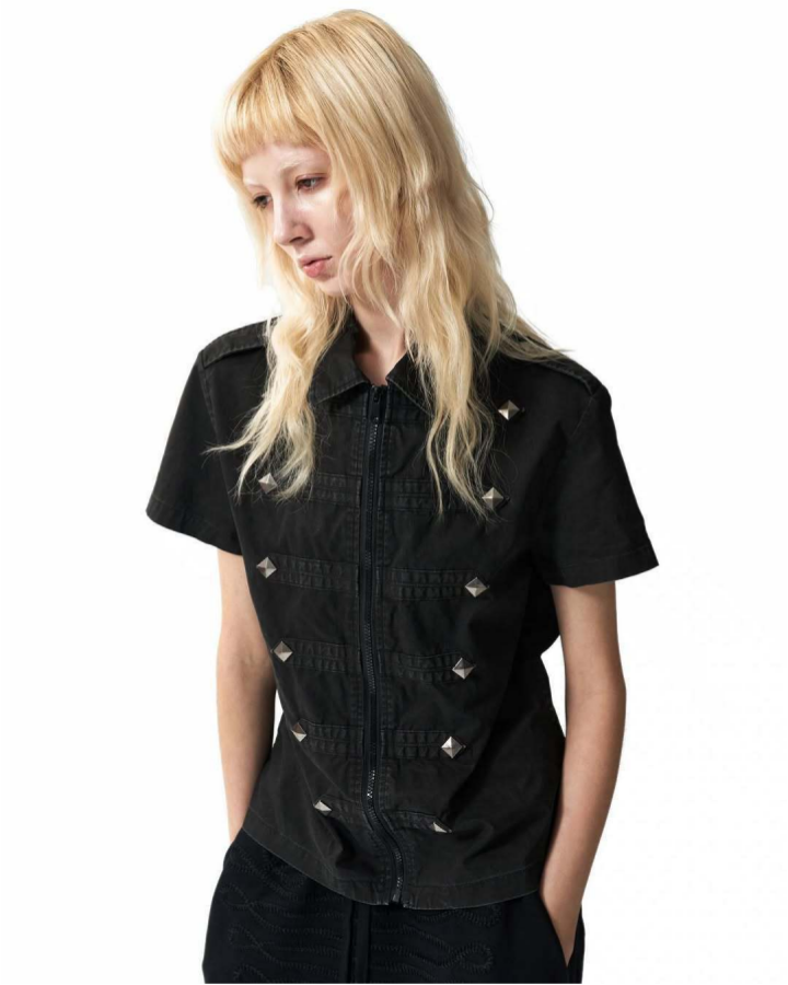 KIIKIO Retro Rhinestone Lapel Zipper Tee