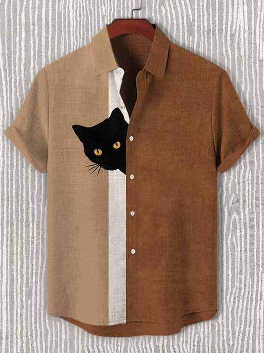 Casual Fun Hide And Seek Black Cat Print Shirt