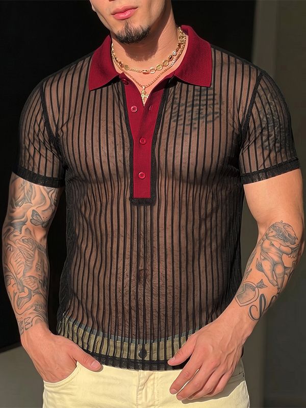 Men's Avant-Garde Two-Tone Contrast Collar Sheer Vertical Stripe Short Sleeve Polo Shirt SKUL74576