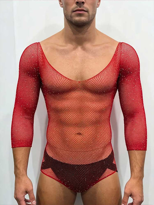 Sexy Rhinestone Mesh Long-Sleeved Bodysuit