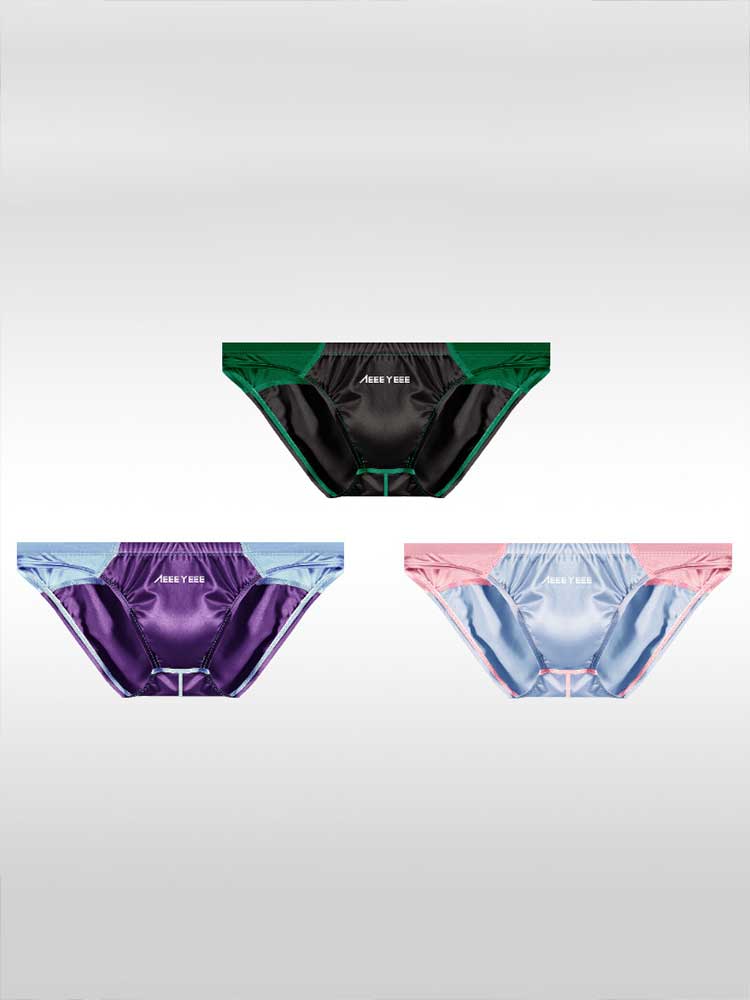 Men's Sexy Low-Rise Colorblock Satin Briefs