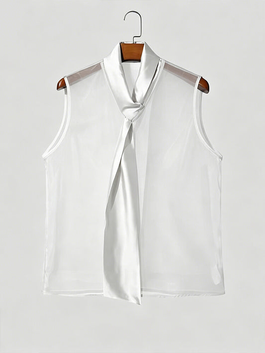 Men's Sexy Sheer Mesh Satin Neck Tie Tank Top