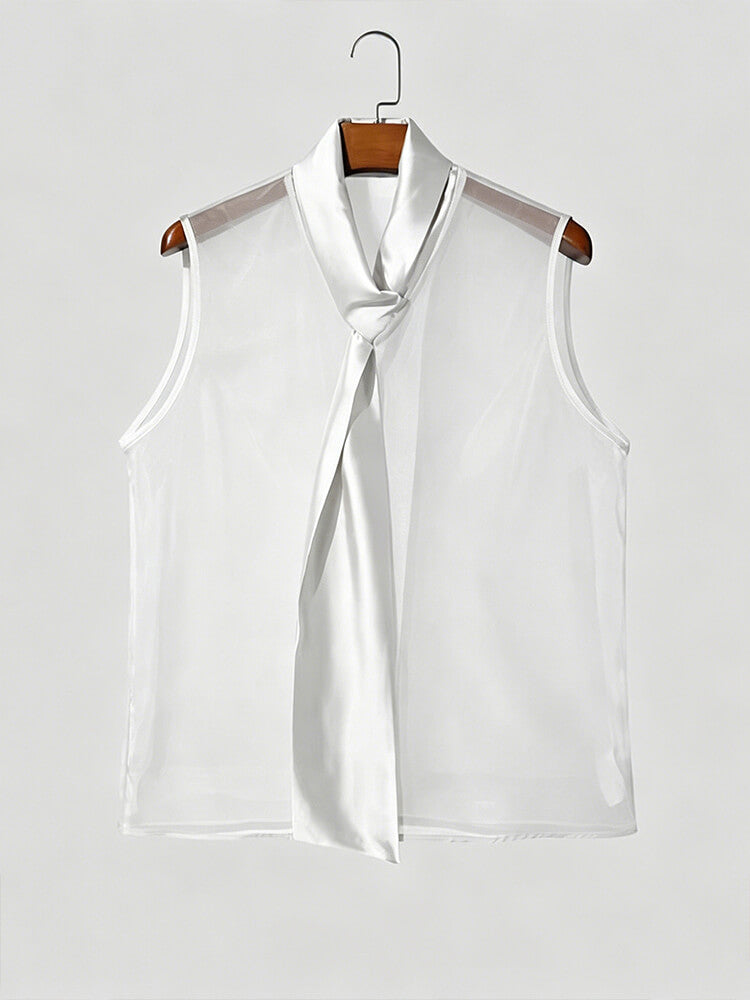 Men's Sexy Sheer Mesh Satin Neck Tie Tank Top