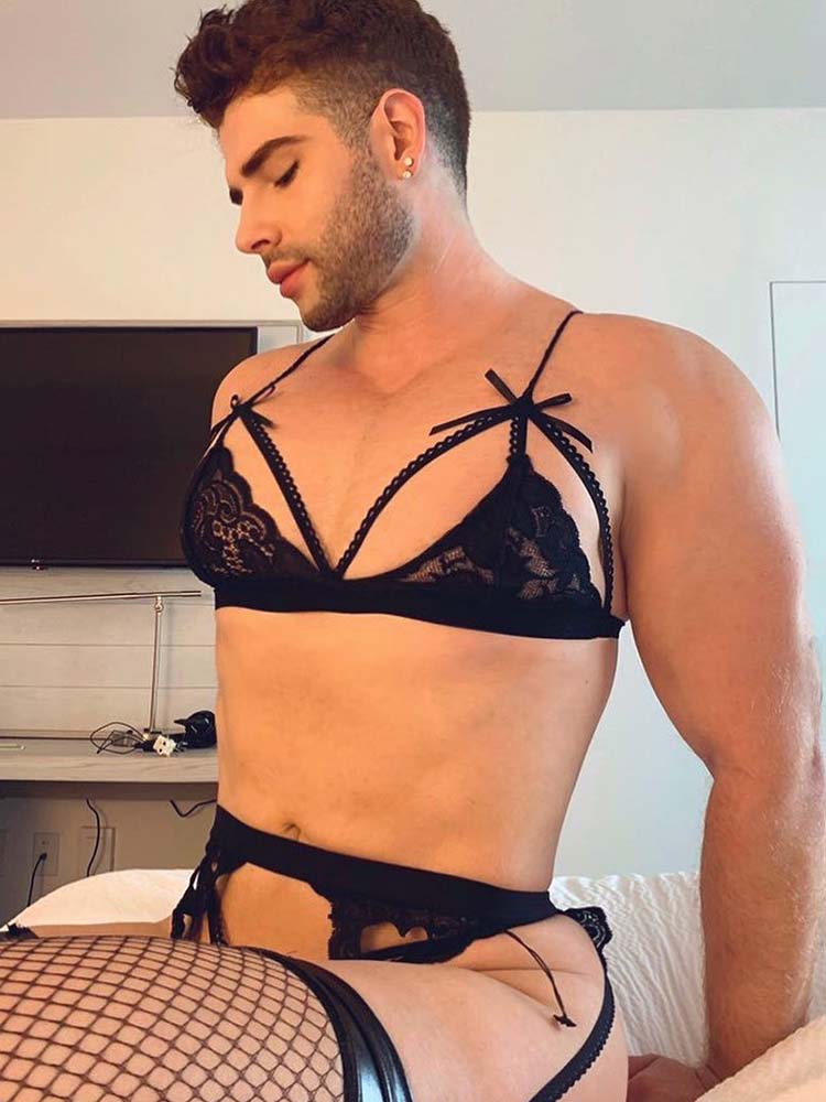 Men's Solid Color Sexy Lace Three-Piece Set