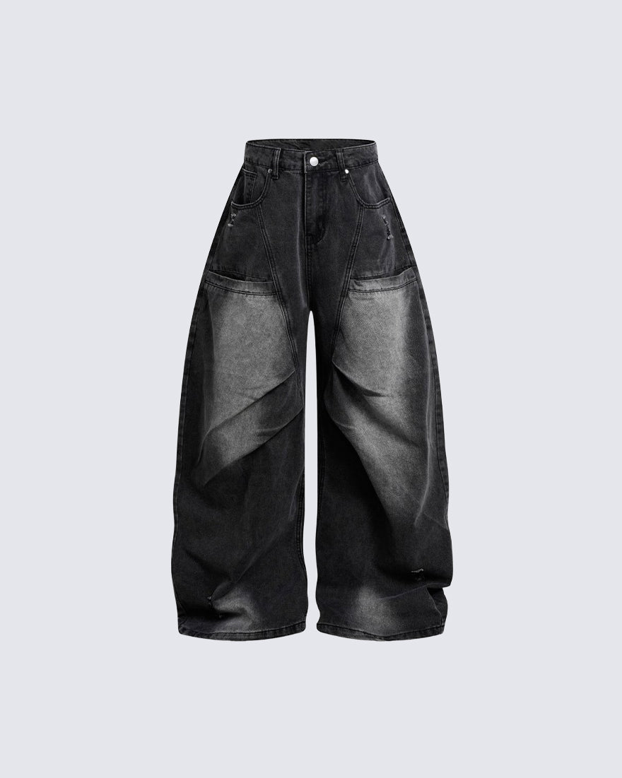 New Vintage Washed Panel Wide Denim Pants