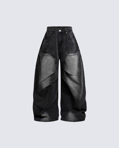 New Vintage Washed Panel Wide Denim Pants