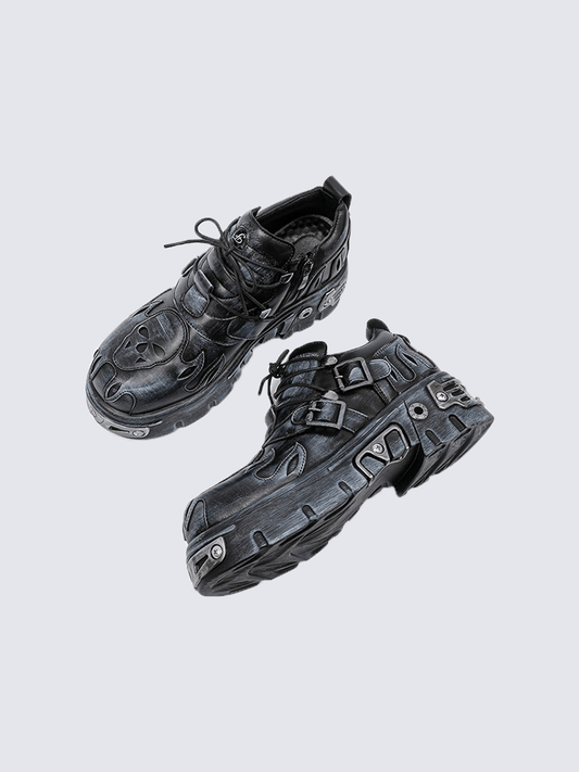 Gothic Skull Flame Buckle Platform Boots