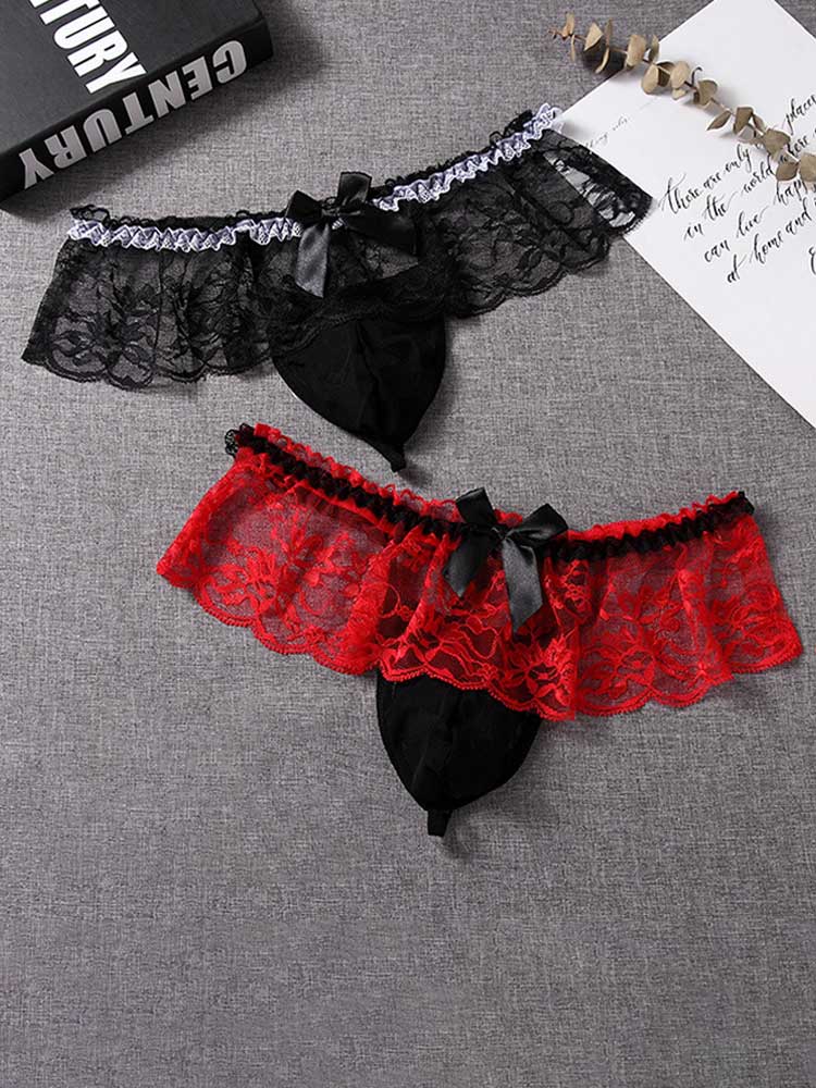 Men's Sexy Lace Bow Mesh Crossdressing Thong