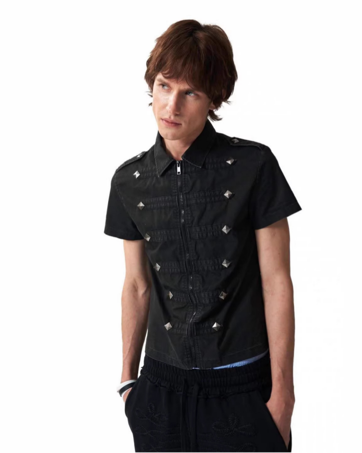 KIIKIO Retro Rhinestone Lapel Zipper Tee