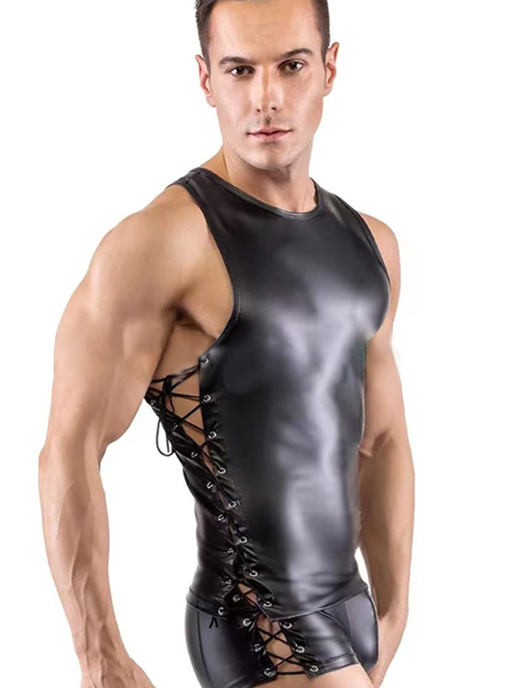 Men's Patent Leather Sexy Black Strap Set