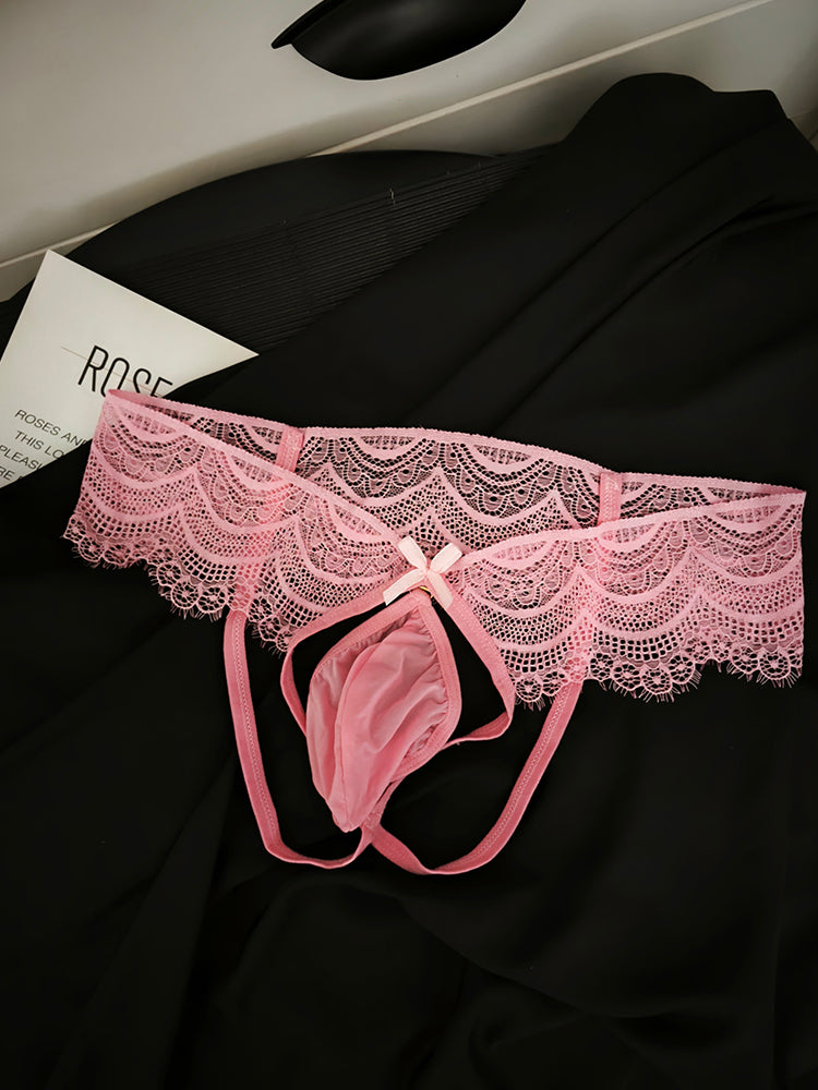 Men's Detachable Pouch Sexy Pink Lace Thong