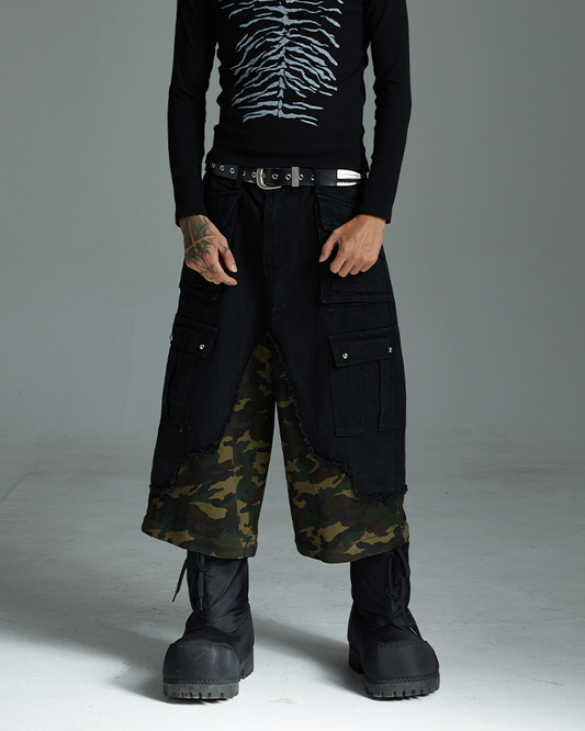 Black and Camo Distressed Cargo Pants