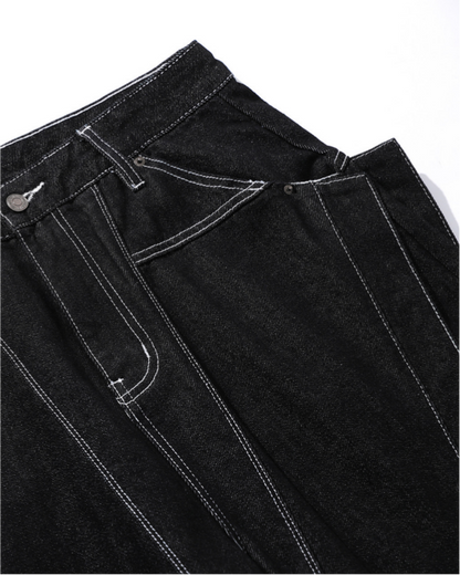 Contrast Stitching Wide-Leg Denim Shorts