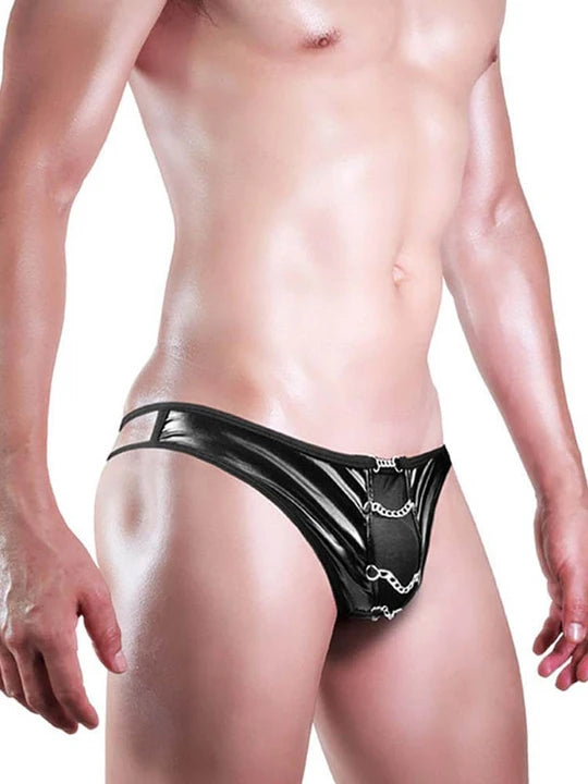 Men's Metal Chain Sexy Faux Leather Thong