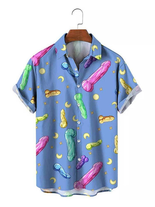Mens Hawaiian Style Cocks Print Short Sleeve Shirt