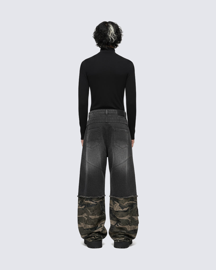 Double-Waist Camo Patchwork Distressed Wide-Leg Pants