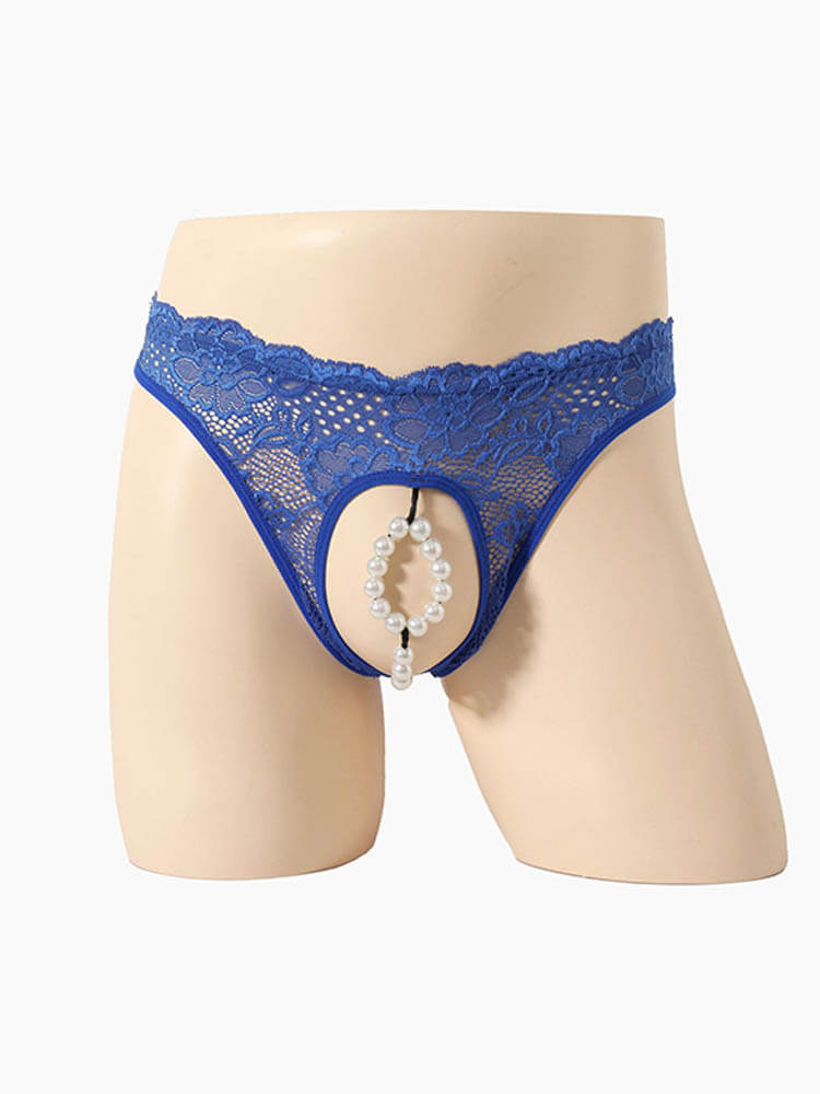 Men's Sexy Imitation Pearls Sheer Lace Briefs