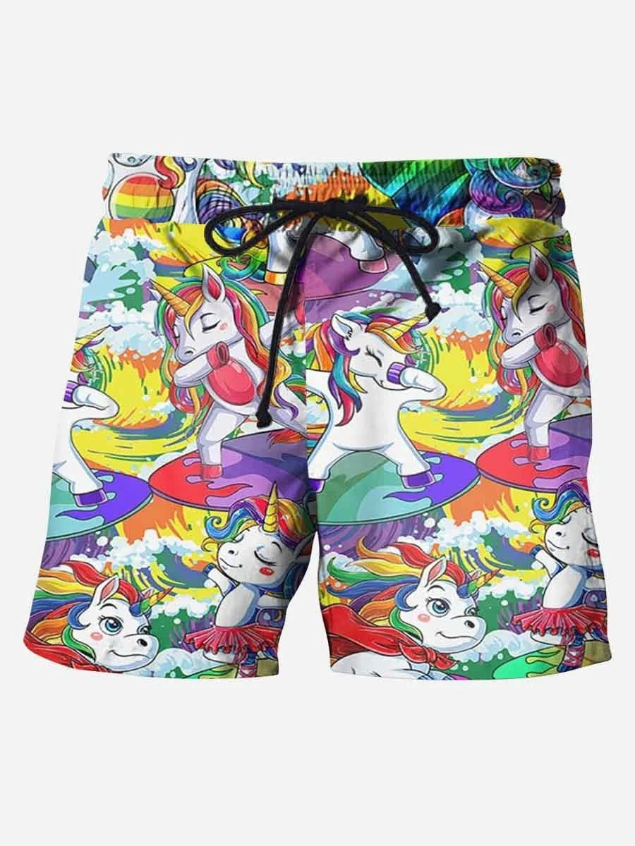 Men's Cartoon Print Drawstring Beach Shorts