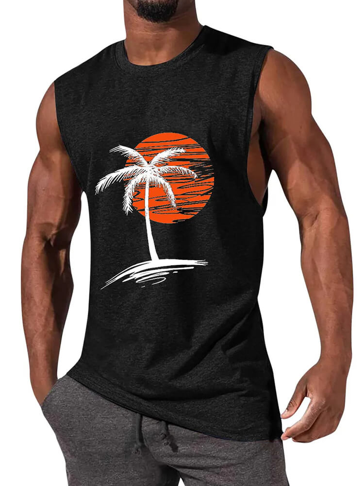 Men's Sunset Coconut Tree Print Solid Tank Top