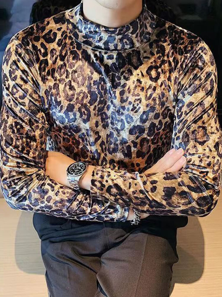 Men's Stretchy Leopard Print Long Sleeve T-Shirt 