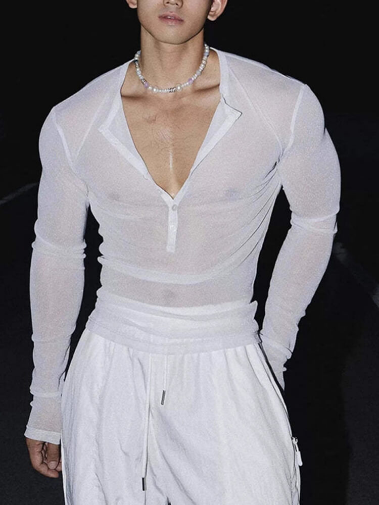 Men's Sexy Crew Neck Button-Front Semi-Sheer Top