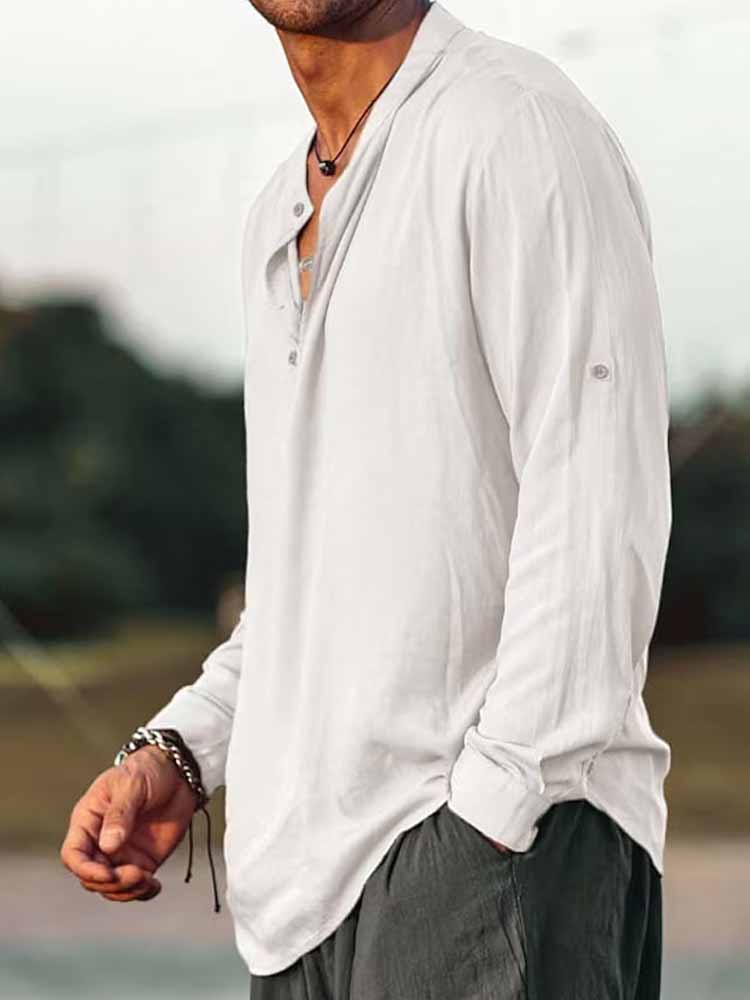 Men's Solid Color Cotton Linen Half-Open Shirt