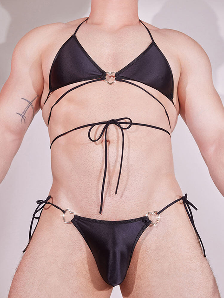 Men's Strappy Heart Metal Ring Sexy Lingerie Set