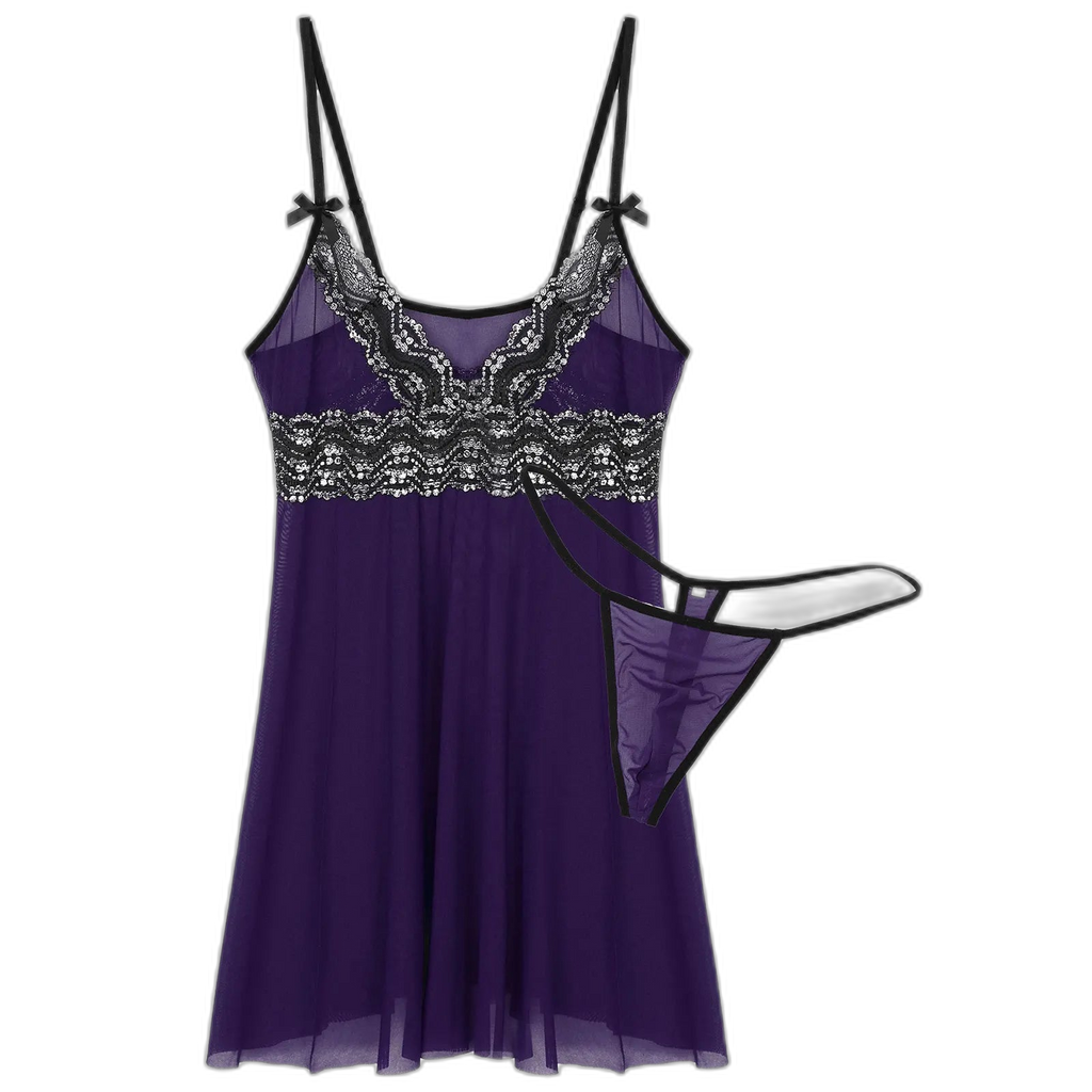 Mesh Floral Lace Sissy Mini Nightgown Set