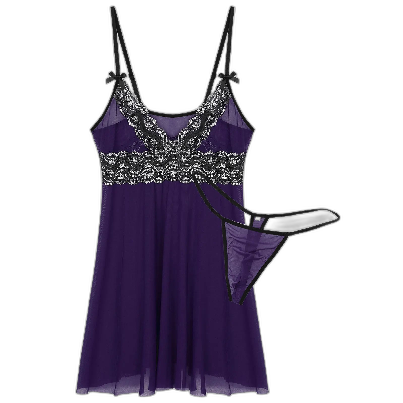 Mesh Floral Lace Sissy Mini Nightgown Set