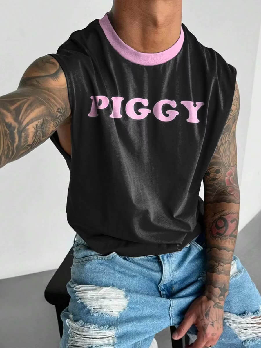 Men's PIGGY Slogan Textured Wide Shoulder Vest