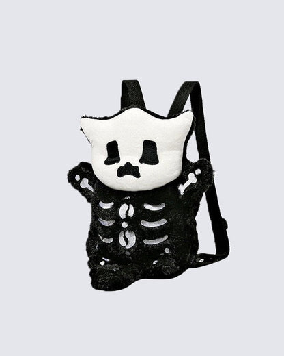 Plush Skeleton Cat Backpack with Cute Face
