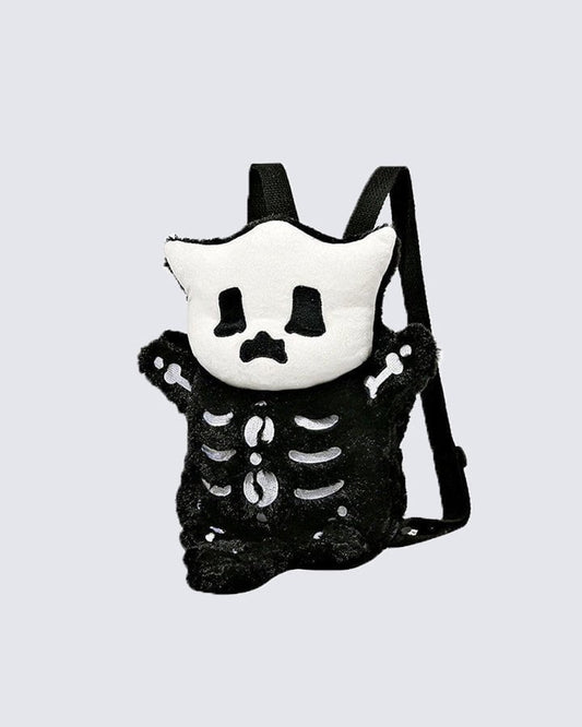 Plush Skeleton Cat Backpack with Cute Face