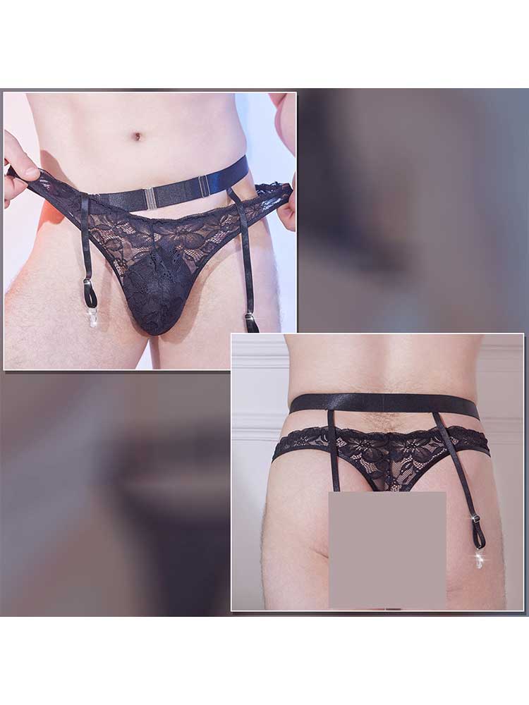 Men's Sexy Black Adjustable Lace Bra And Thong Set