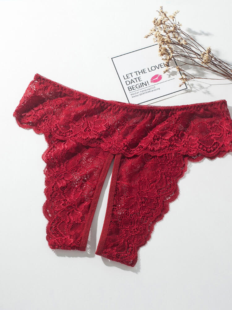 Men's Sexy Lace Open-Crotch Solid Color Thong