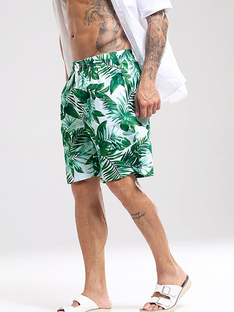 Men's Green Leaf-Print Casual Beach Shorts