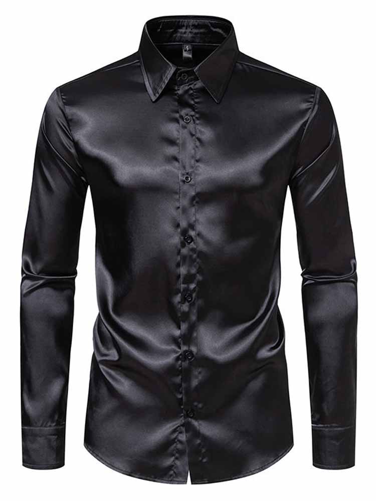 Men's Lapel Satin Long Sleeve Shirt