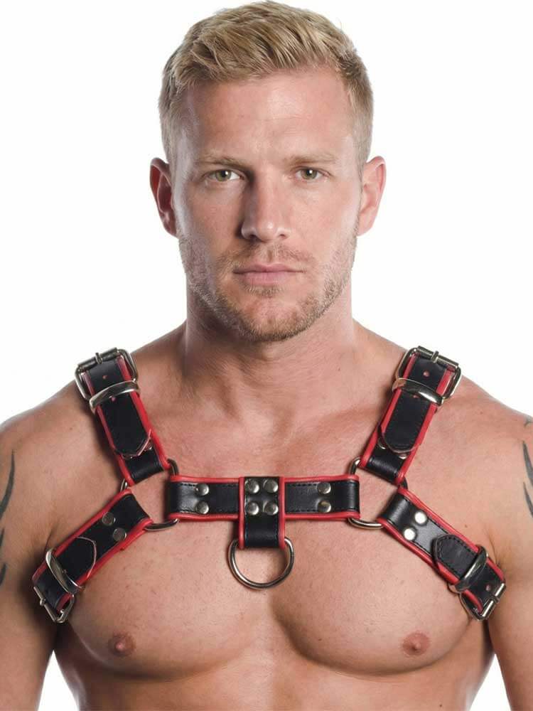 Men's Red Black Studded Genuine Leather Chest Strap