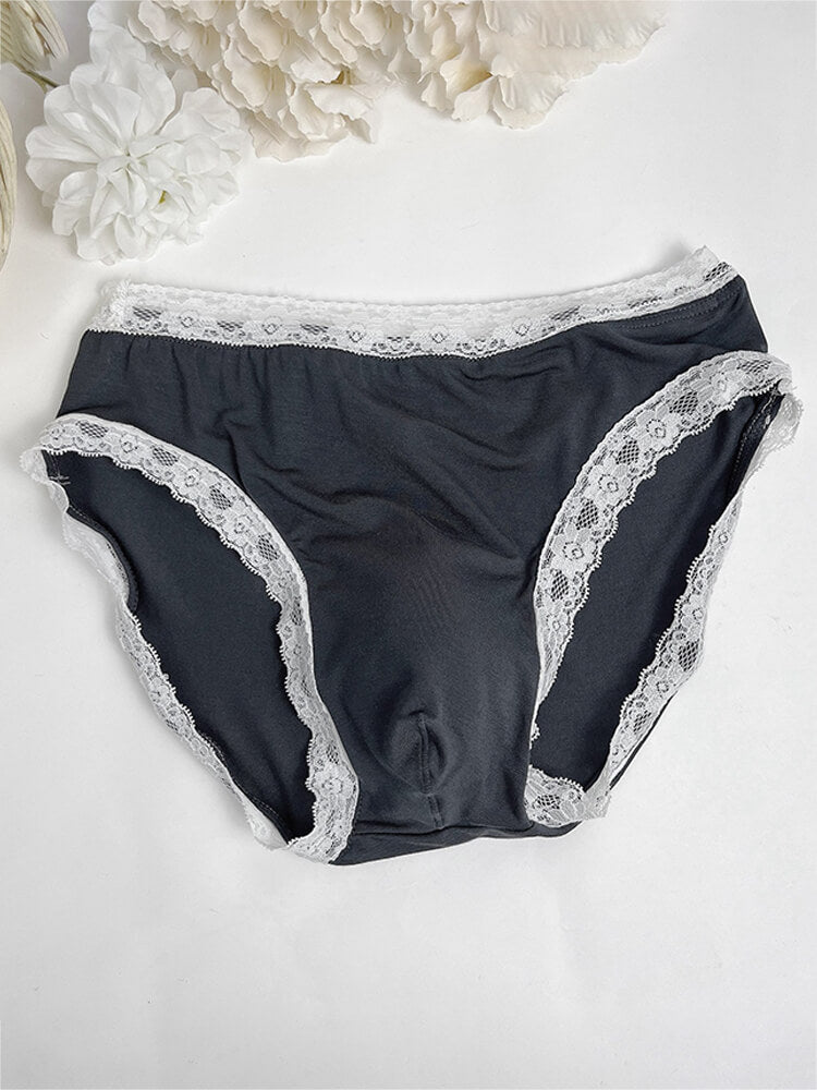 Men's Sexy Solid-Color Lace-Trim Comfortable Briefs