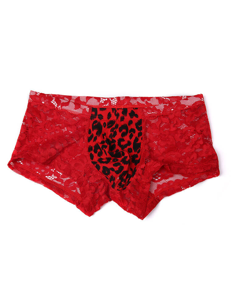 Men's Sexy Lace Leopard Print Hollow Boxer Briefs