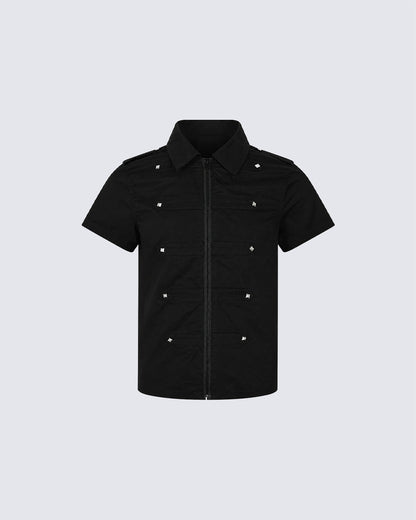 New Dark Gothic Rivet Zip Short Sleeve Shirt