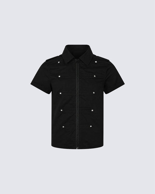 New Dark Gothic Rivet Zip Short Sleeve Shirt