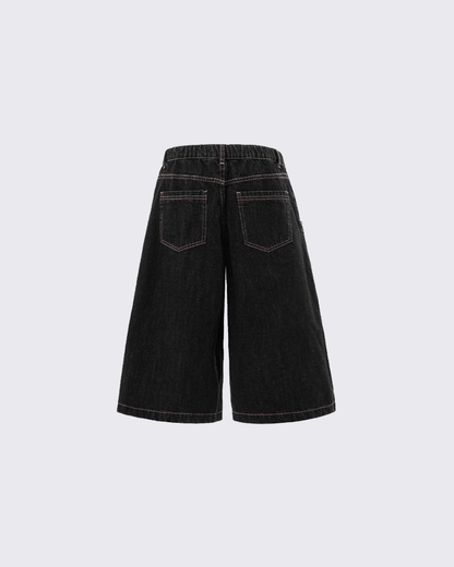 Denim Drawstring Shorts with Plaid Detail - Casual Streetwear