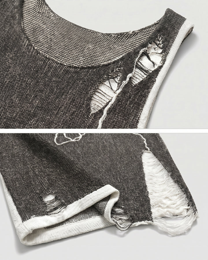 New Black White Distressed Knit Tank Top