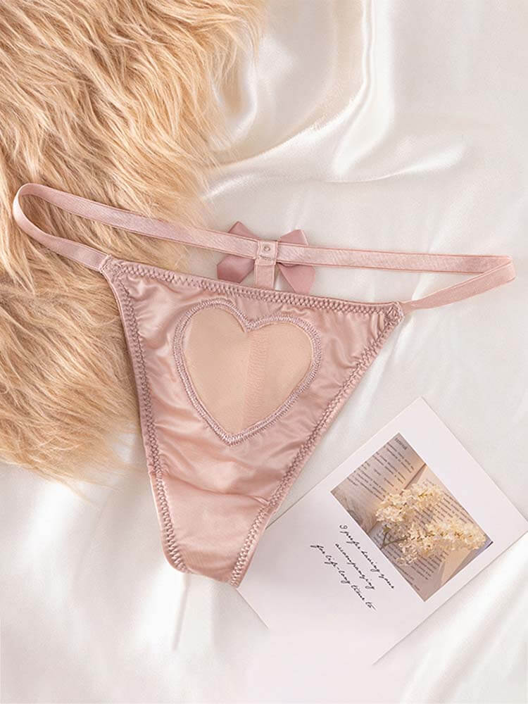 Sexy Mesh Heart-Shaped Satin Bow String Thong