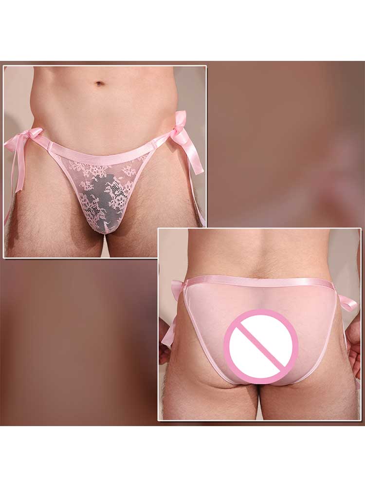 Men's Sexy Low-Rise Lace-Up See-Through Lace Briefs